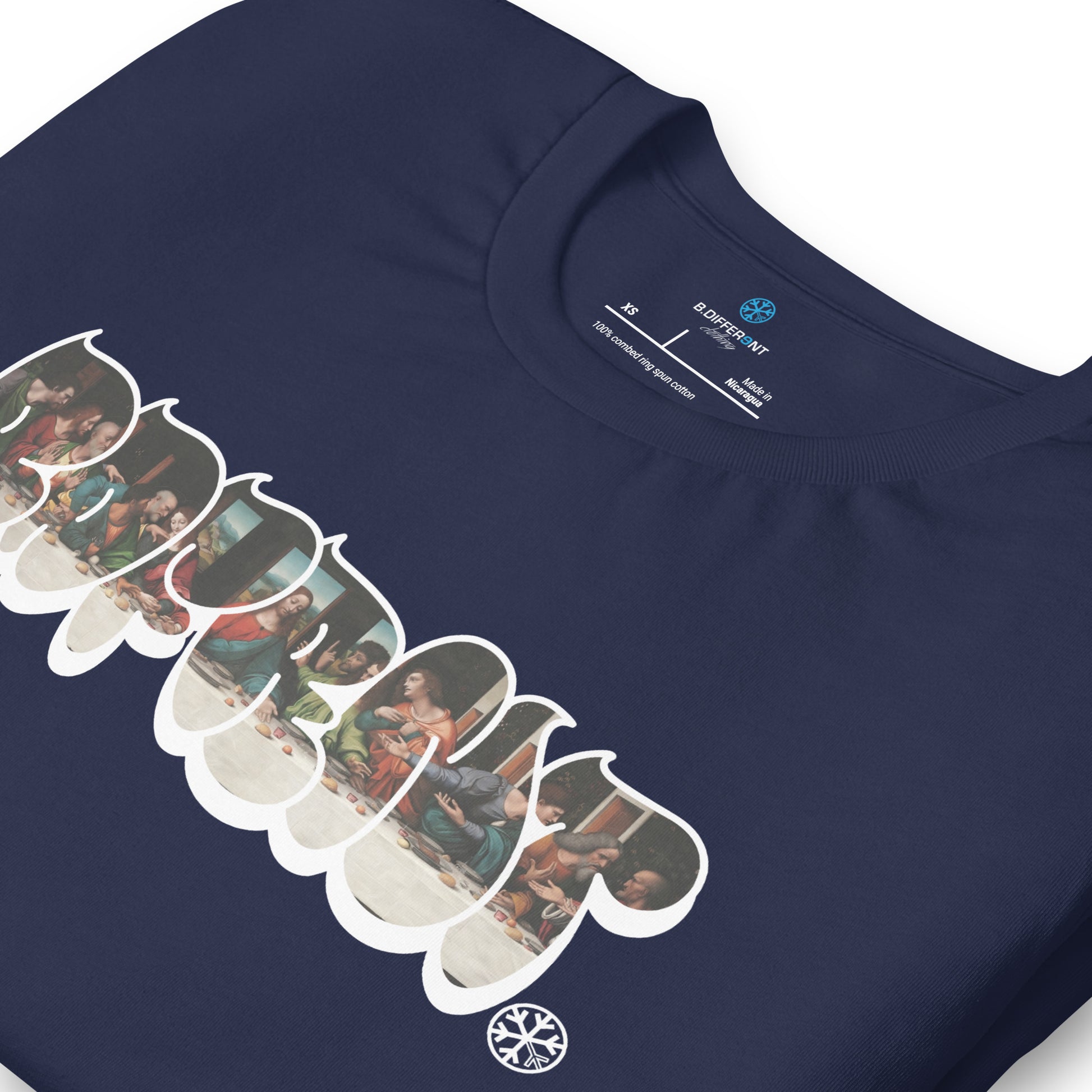 Navy-BDFRNT Throwie x Last Supper Graffiti Tee from B.Different Clothing, detail, graffiti-inspired streetwear t-shirt