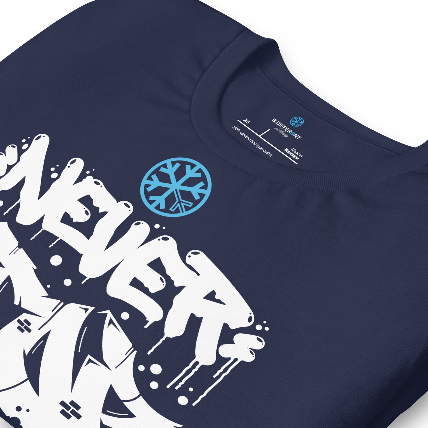 Navy-Never Stop Graffiti Piece Tee from B.Different Clothing, detail, graffiti-inspired streetwear t-shirt