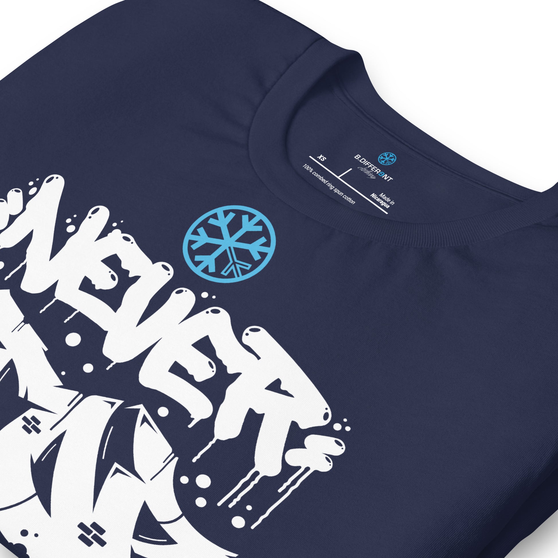 Navy-Never Stop Graffiti Piece Tee from B.Different Clothing, detail, graffiti-inspired streetwear t-shirt