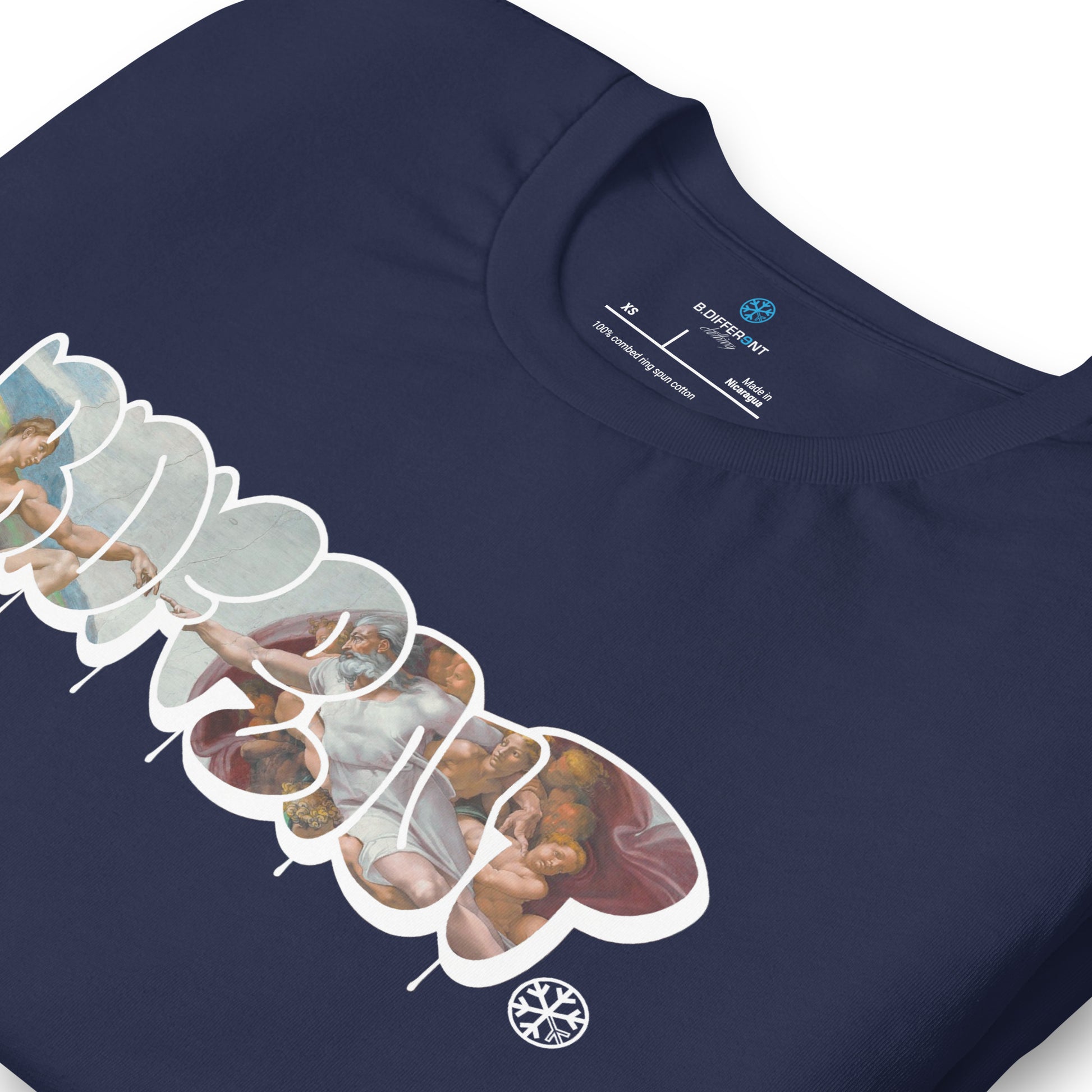 Navy-BDFRNT Throwie x Creation of Adam Graffiti Tee from B.Different Clothing, detail, graffiti-inspired streetwear t-shirt