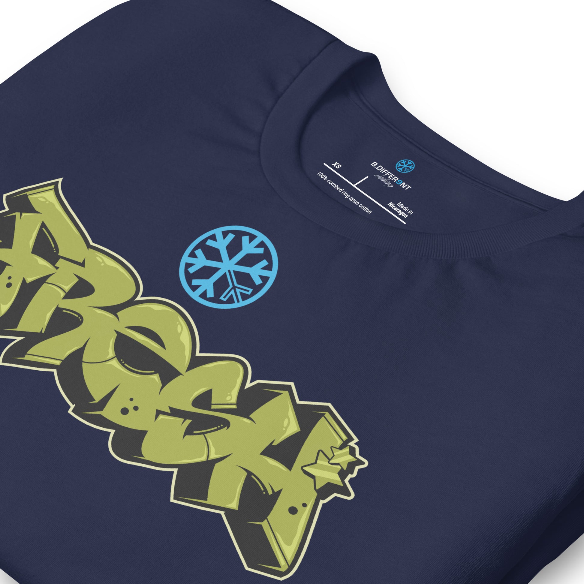 Navy-Fresh Graffiti Piece Tee from B.Different Clothing, detail, graffiti-inspired streetwear t-shirt
