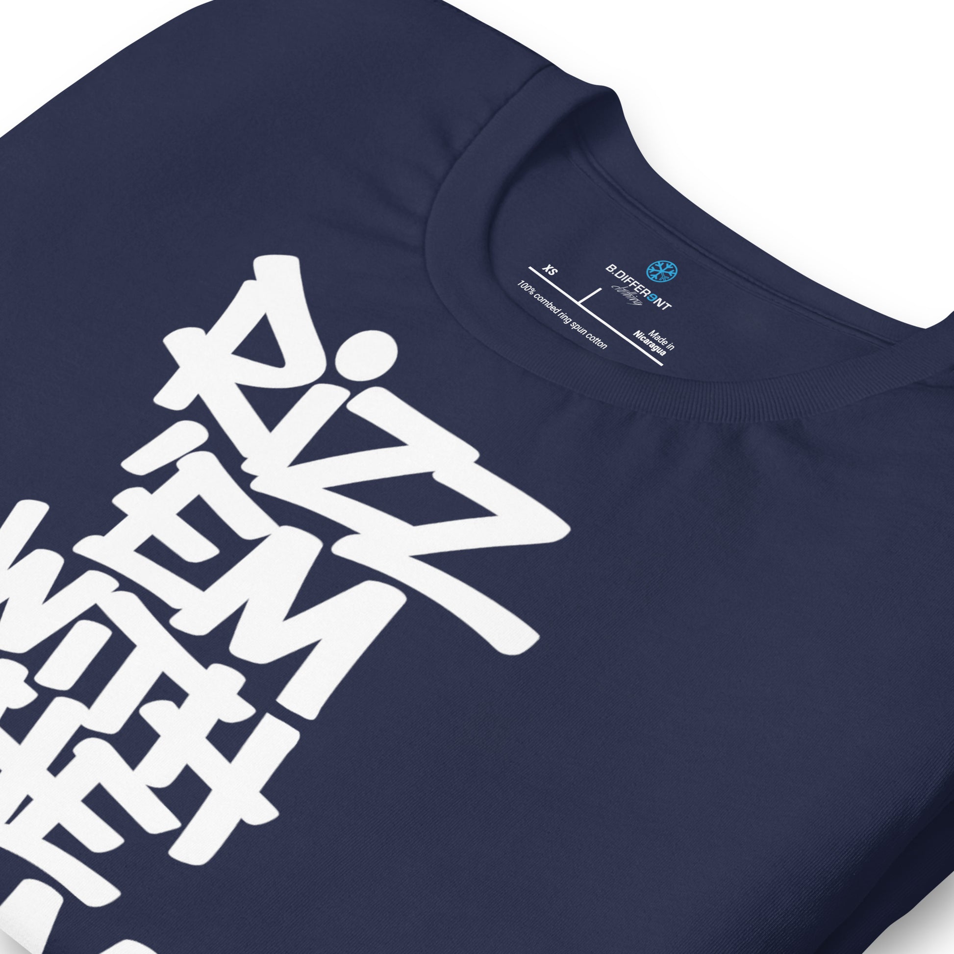Navy-Rizz 'Em With The 'Tism Graffiti Tee from B.Different Clothing, detail, graffiti-inspired streetwear t-shirt