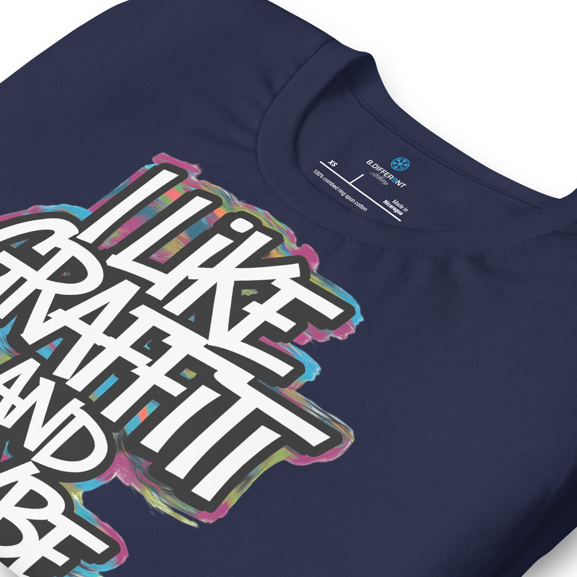 Navy-I Like Graffiti and Maybe 2 People Tee from B.Different Clothing, detail, graffiti-inspired streetwear t-shirt