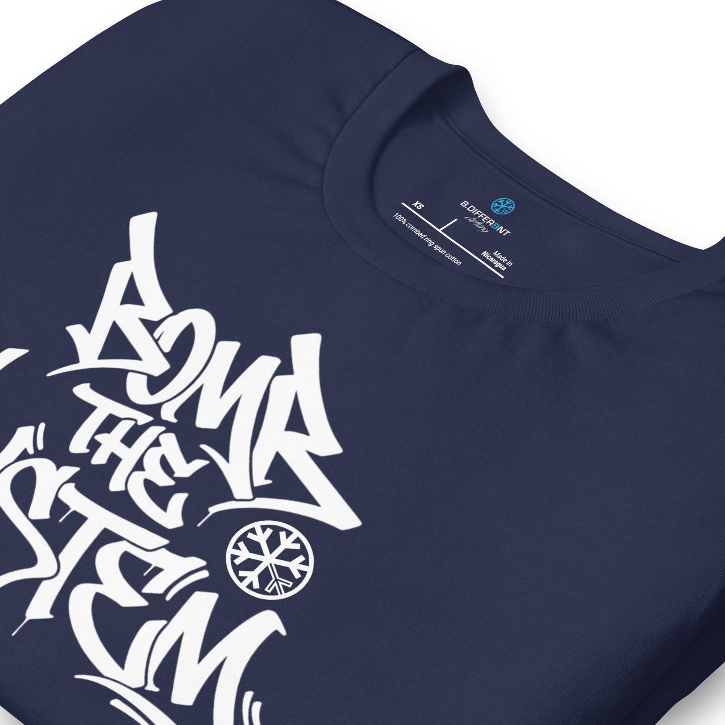 Navy-Bomb The System Graffiti Tee from B.Different Clothing, detail, graffiti-inspired streetwear t-shirt