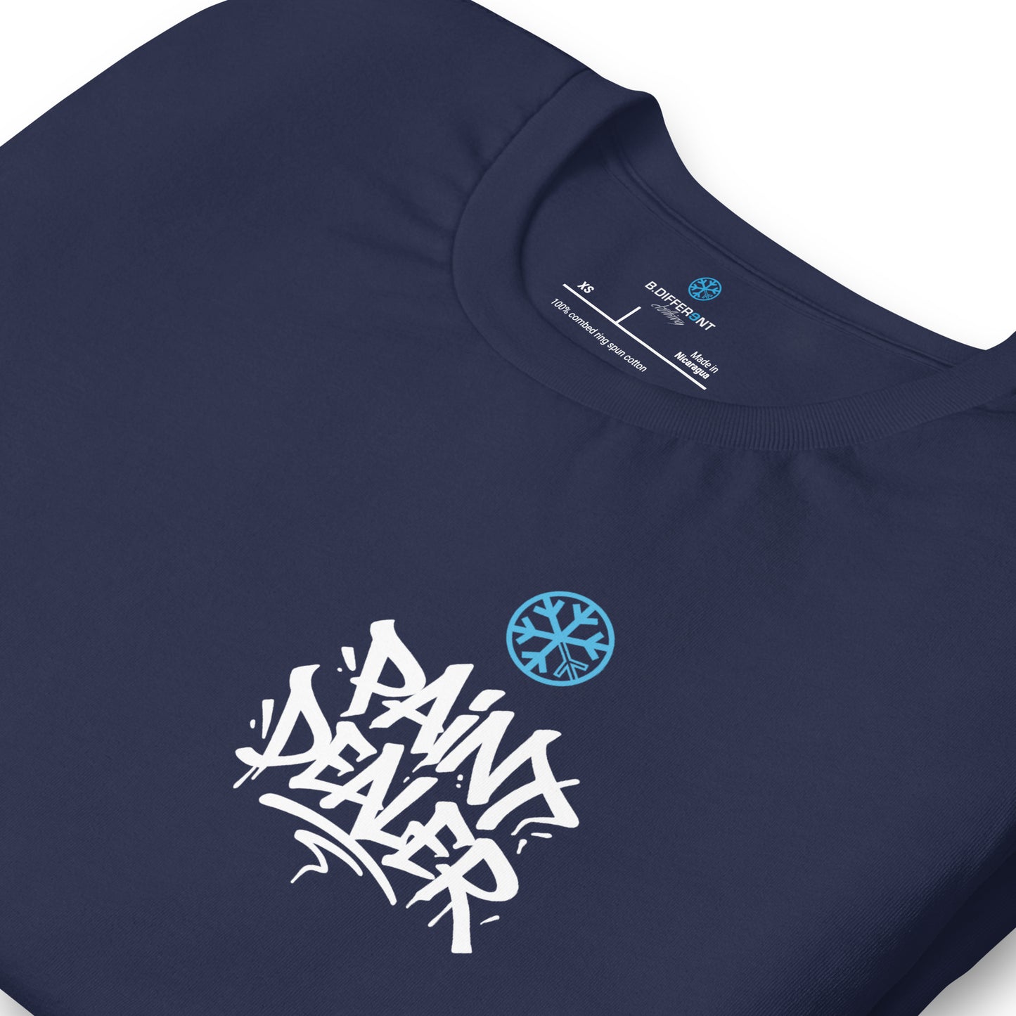 Navy-Paint Dealer Graffiti Character Tee from B.Different Clothing, detail, graffiti-inspired streetwear t-shirt
