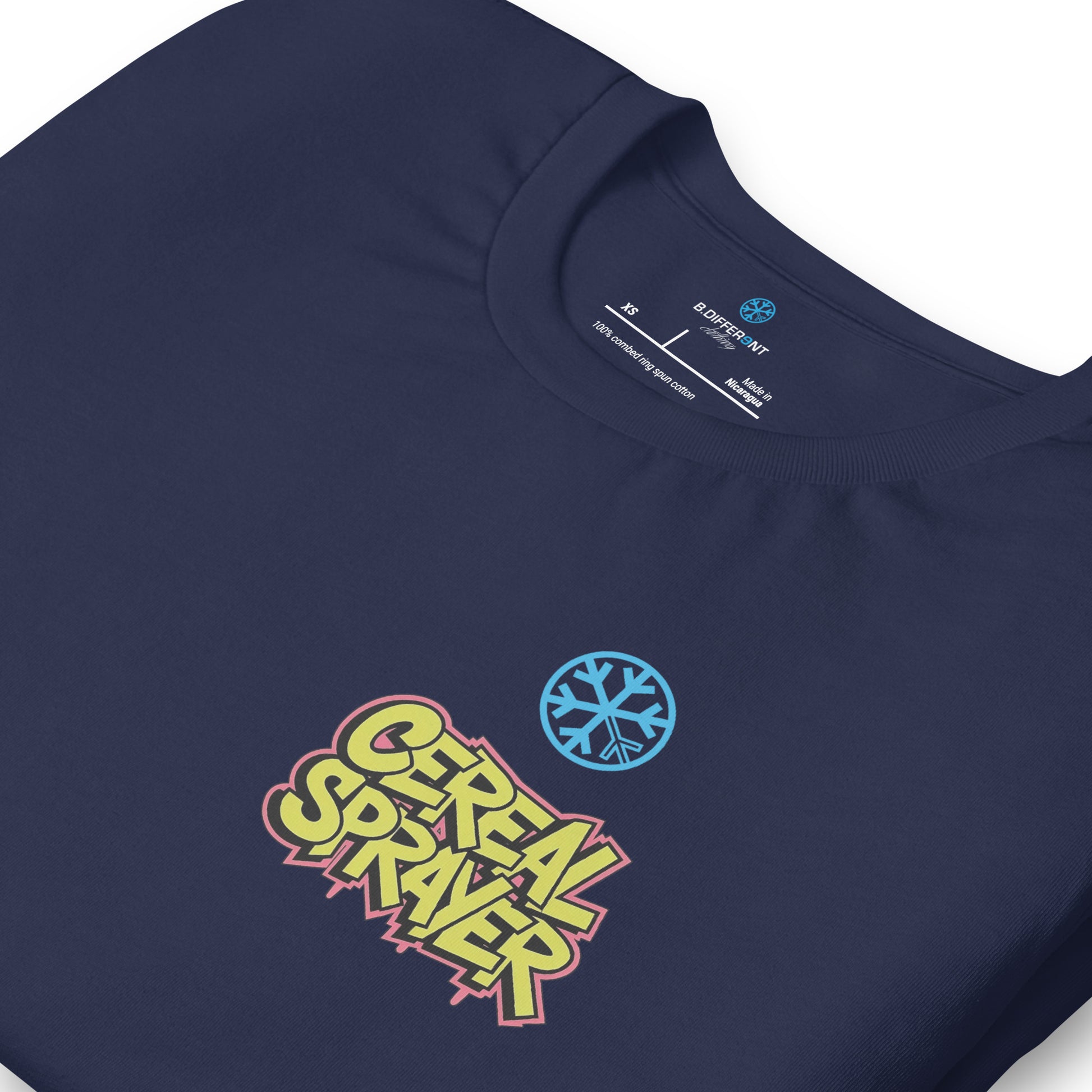 Navy-Cereal Sprayer Graffiti Tee from B.Different Clothing, detail, graffiti-inspired streetwear t-shirt