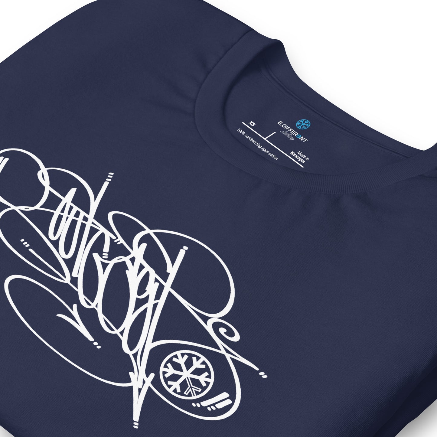 Navy-Outcast Tag Tee by Graffiti Dad from B.Different Clothing, detail, graffiti-inspired streetwear t-shirt
