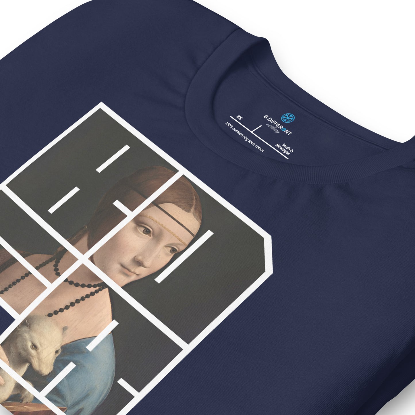 Navy-BDFRNT Blockbuster x Lady With Ermine Graffiti Tee from B.Different Clothing, detail, graffiti-inspired streetwear t-shirt