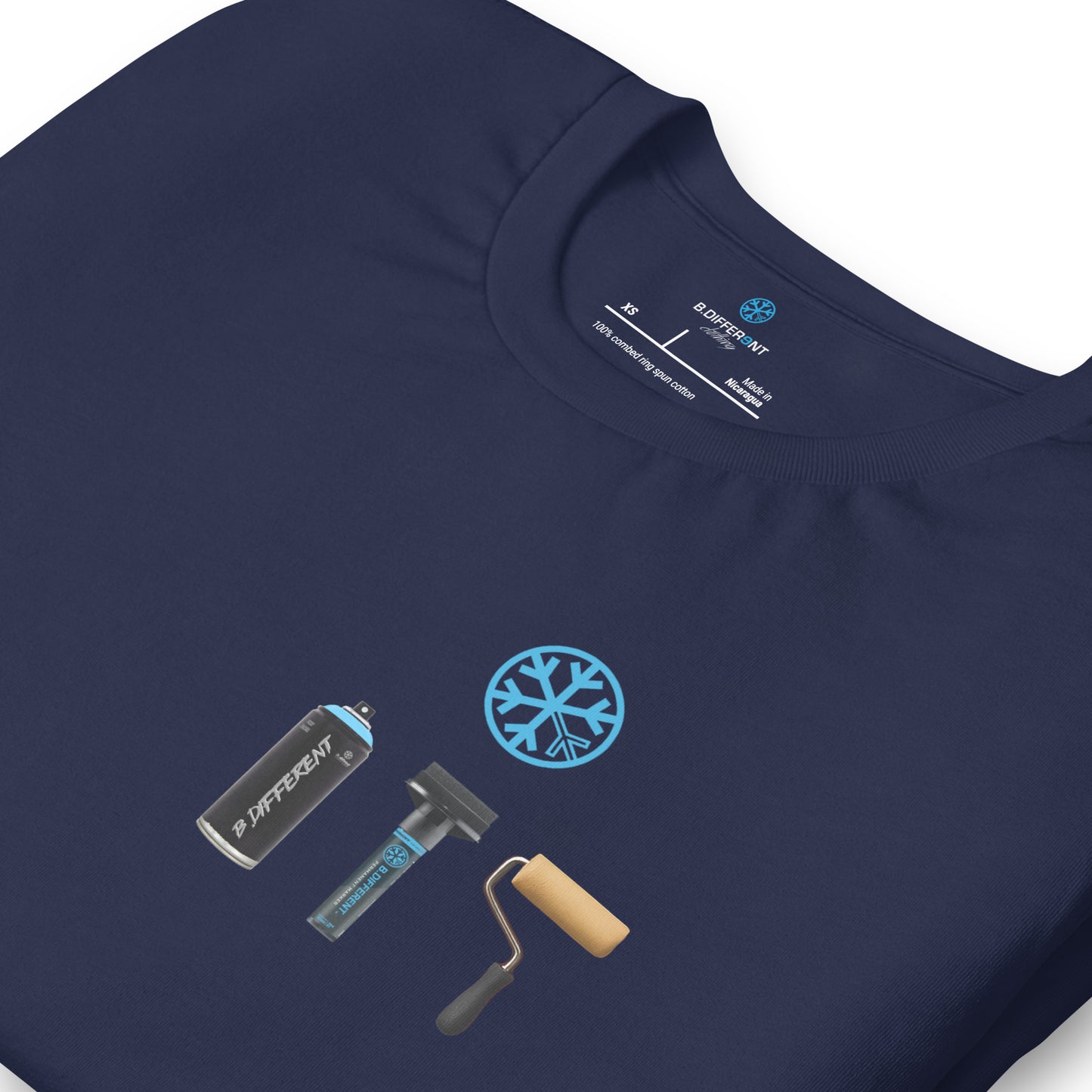 Navy-Graffiti Artist Action Figure Tee from B.Different Clothing, detail, graffiti-inspired streetwear t-shirt