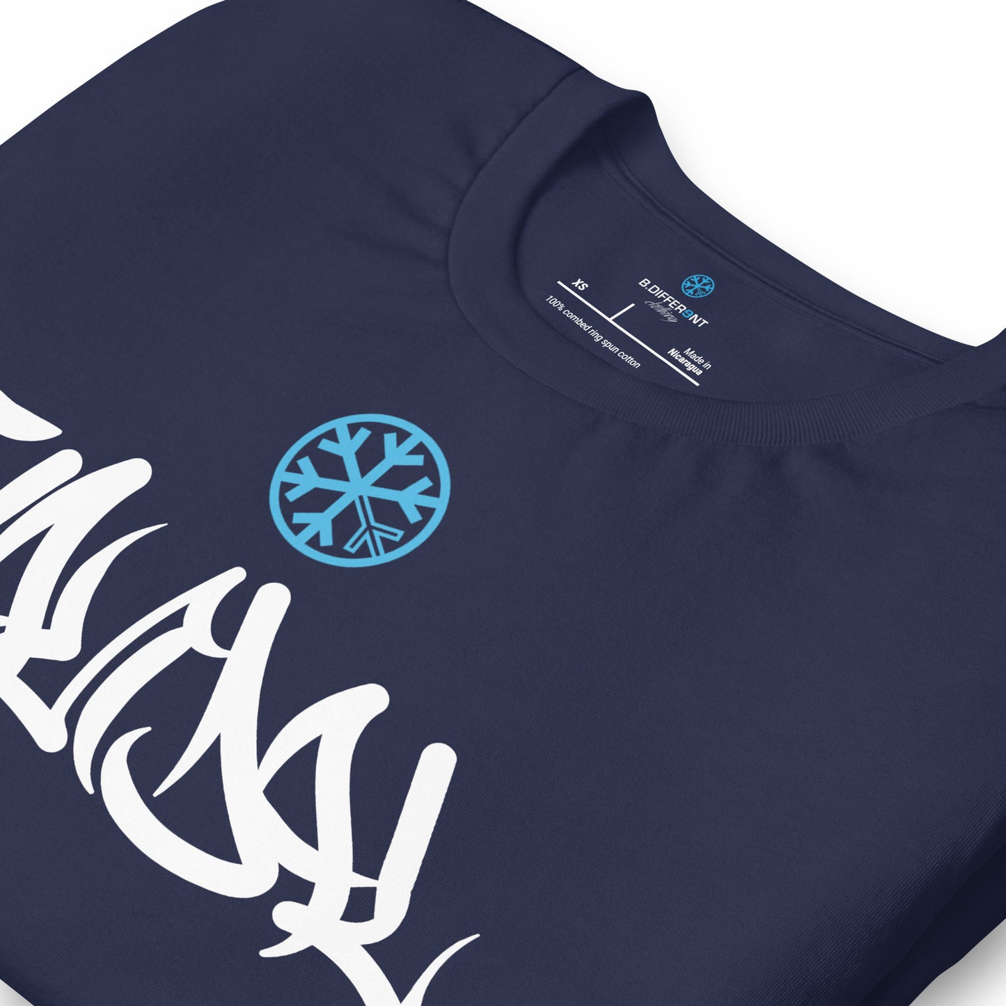 Navy-Vandal Graffiti Tag Tee from B.Different Clothing, detail, graffiti-inspired streetwear t-shirt