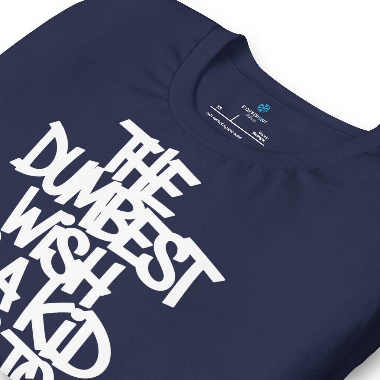 Navy-The Dumbest Wish Graffiti Tag Tee from B.Different Clothing, detail, graffiti-inspired streetwear t-shirt