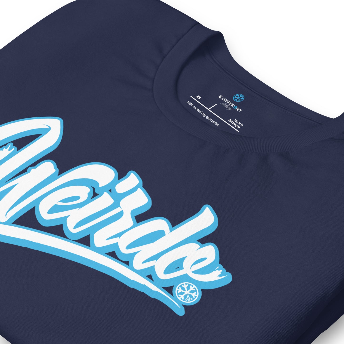 Navy-Weirdo Tee from B.Different Clothing, detail, graffiti-inspired streetwear t-shirt