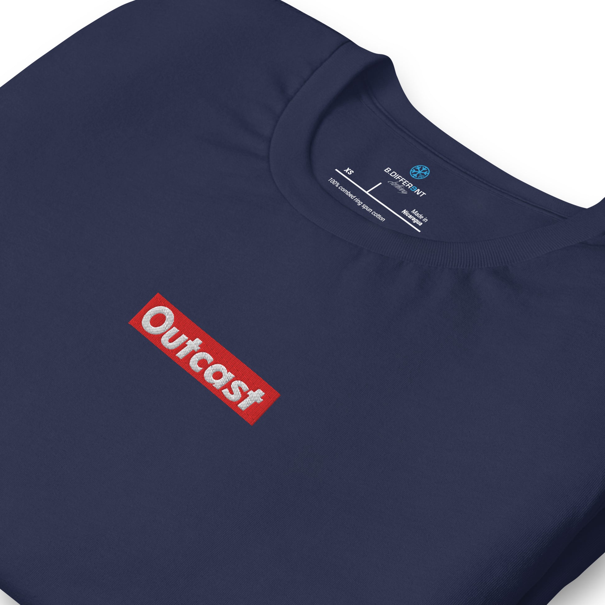Navy-Outcast Box Tee from B.Different Clothing, detail, graffiti-inspired streetwear t-shirt