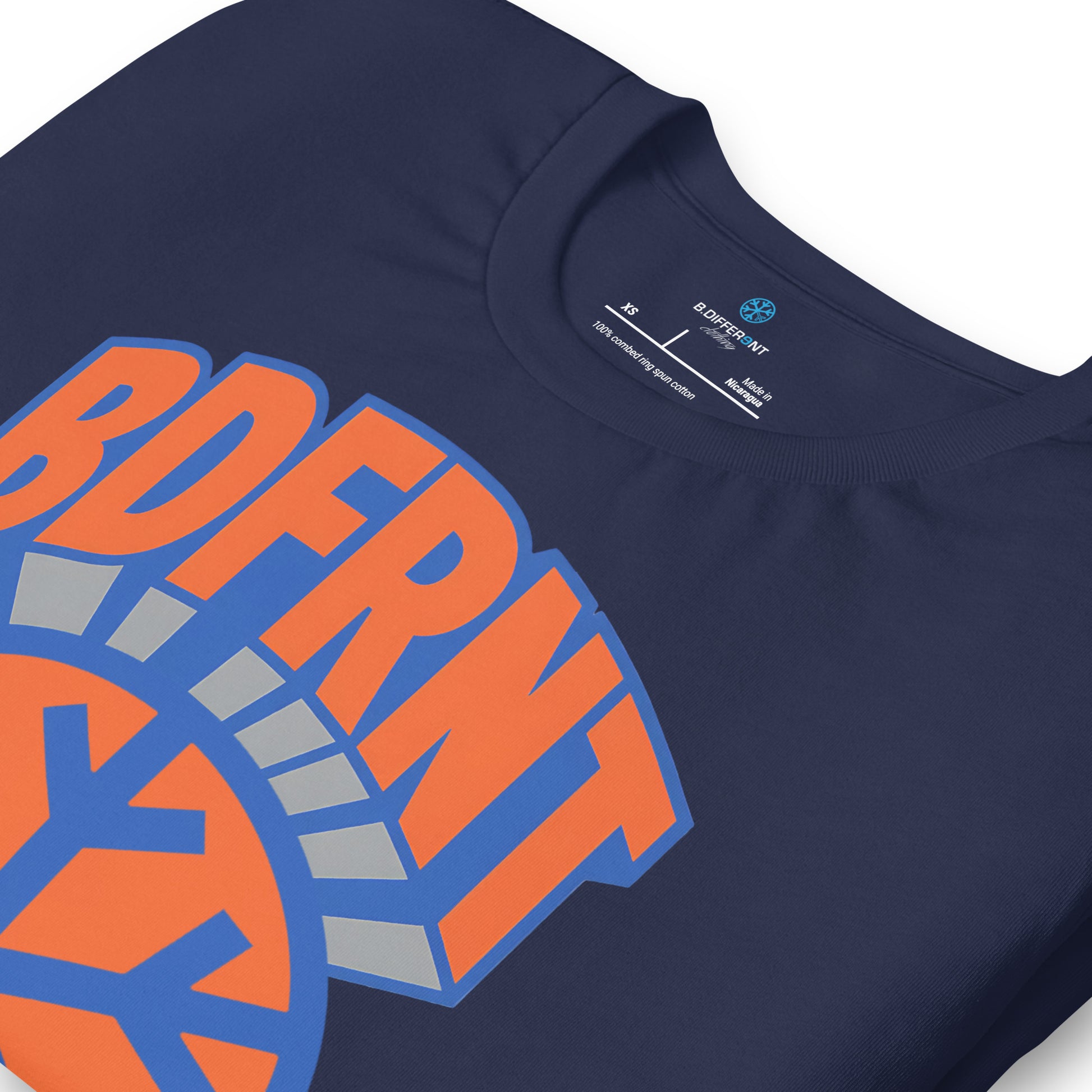 Navy-BDFRNT Logo 1989 Tee from B.Different Clothing, detail, graffiti-inspired streetwear t-shirt