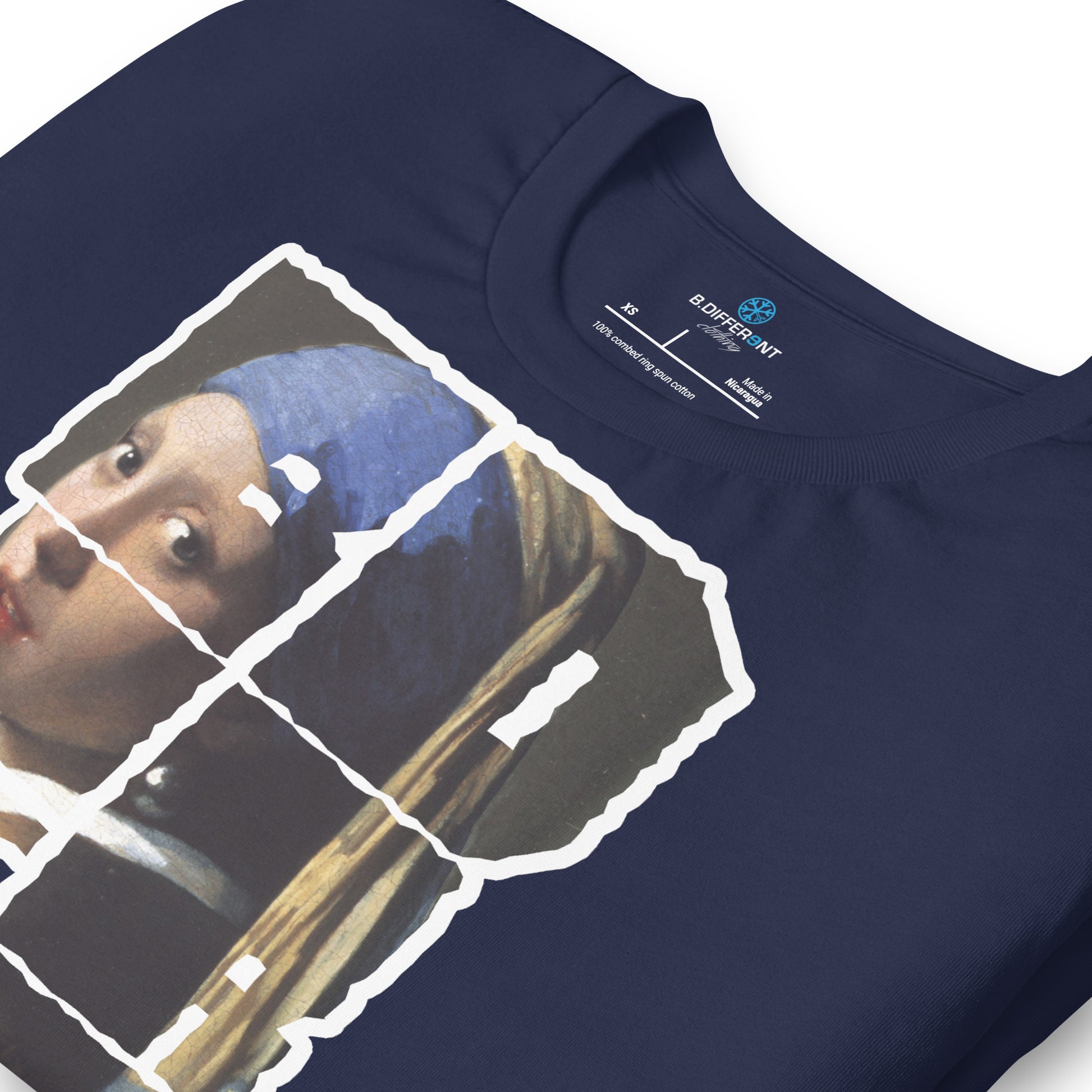 Navy-BDFRNT Blockbuster x Girl With Pearl Earring Tee from B.Different Clothing, zoomed-in view, graffiti-inspired streetwear