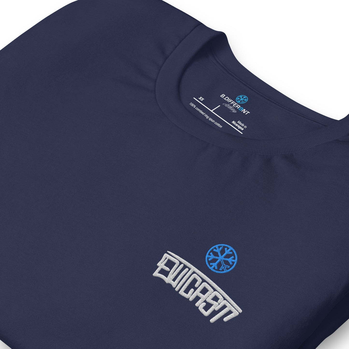 Navy-Outcast Graffiti Tag Tee from B.Different Clothing, detail, graffiti-inspired streetwear t-shirt