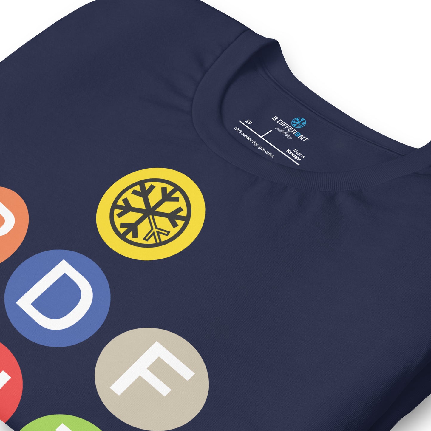 Navy-BDFRNT NYC Subway Tee from B.Different Clothing, detail, graffiti-inspired streetwear