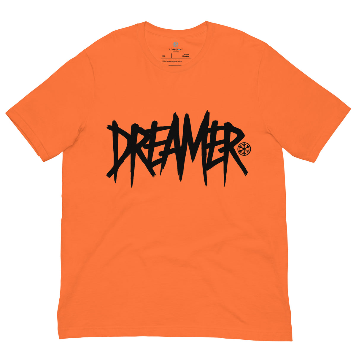 Orange-Dreamer Graffiti Tag Tee from B.Different Clothing, front view, graffiti-inspired streetwear t-shirt