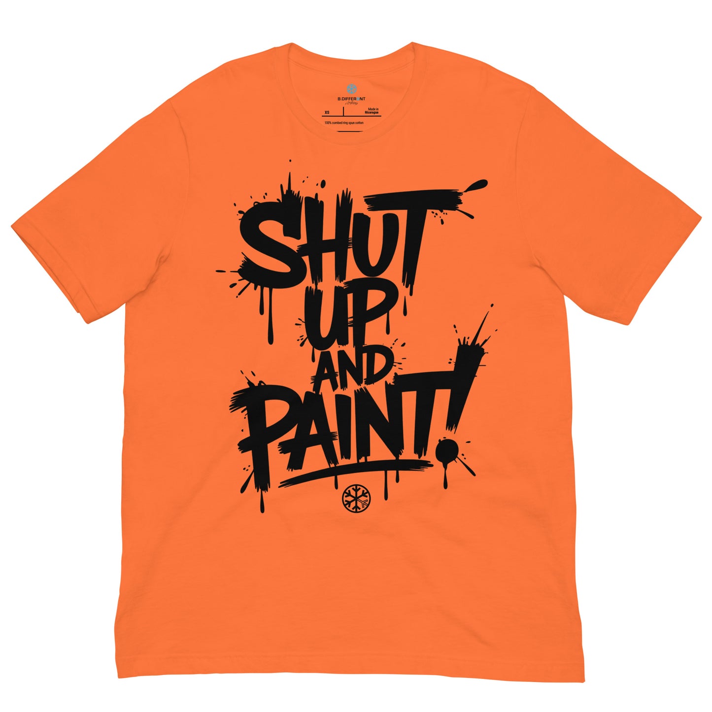 Orange-Shut Up and Paint Graffiti Tee from B.Different Clothing, front view, graffiti-inspired streetwear t-shirt