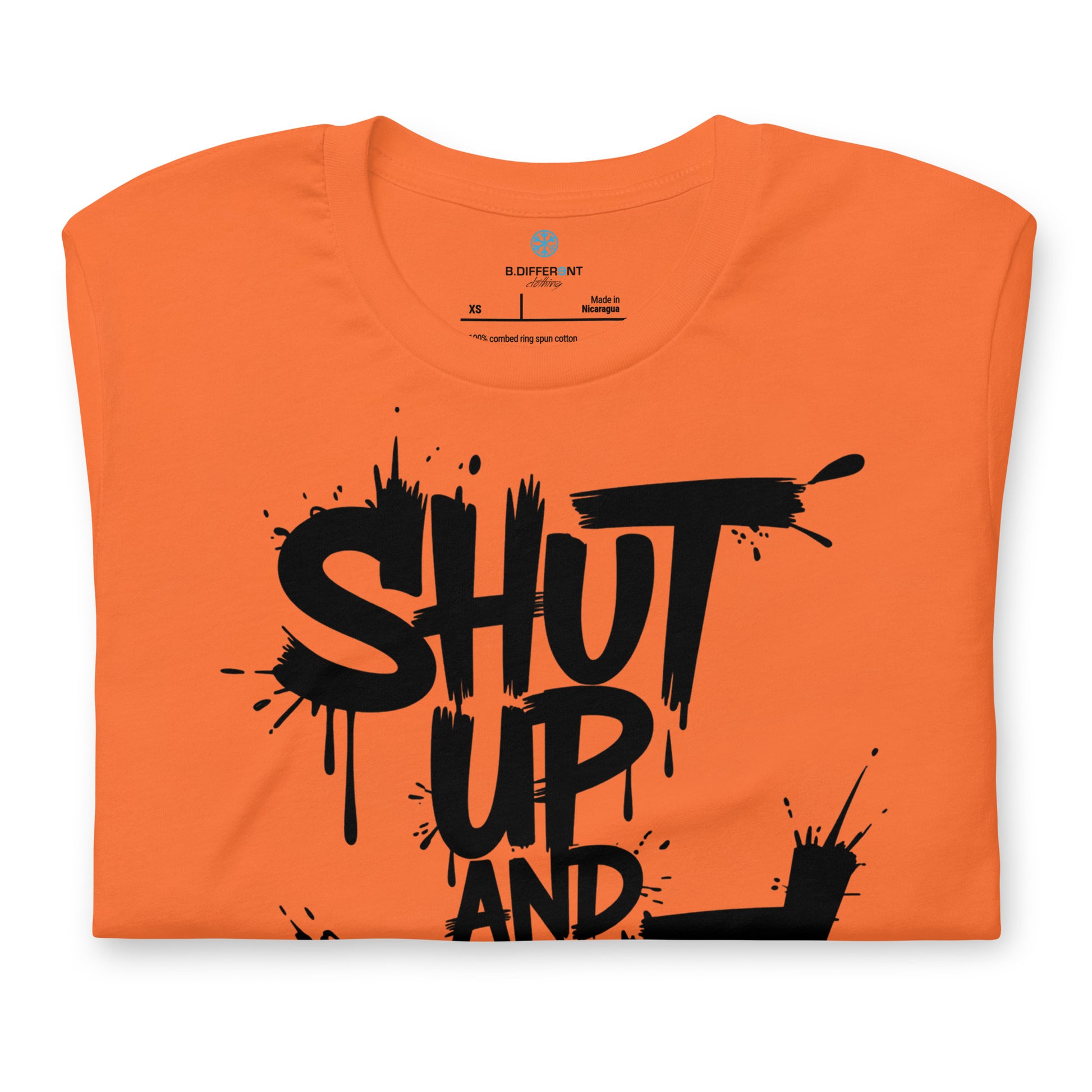 Orange-Shut Up and Paint Graffiti Tee from B.Different Clothing, folded, graffiti-inspired streetwear t-shirt