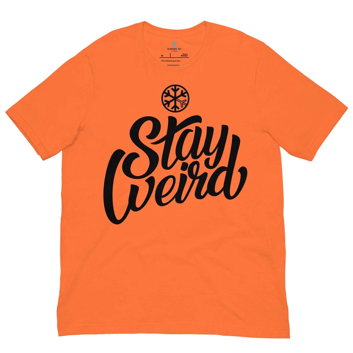 Orange-Stay Weird Tee from B.Different Clothing, front view, graffiti-inspired streetwear t-shirt