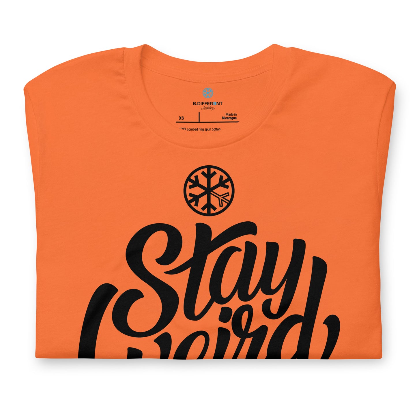 Orange-Stay Weird Tee from B.Different Clothing, folded, graffiti-inspired streetwear t-shirt