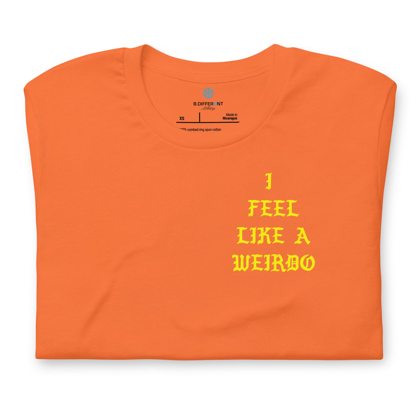 Orange-I Feel Like a Weirdo Tee from B.Different Clothing, folded, graffiti-inspired streetwear t-shirt