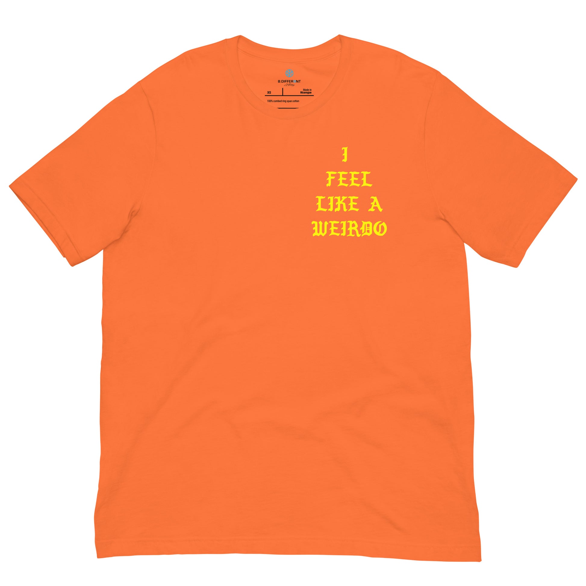 Orange-I Feel Like a Weirdo Tee from B.Different Clothing, front view, graffiti-inspired streetwear t-shirt