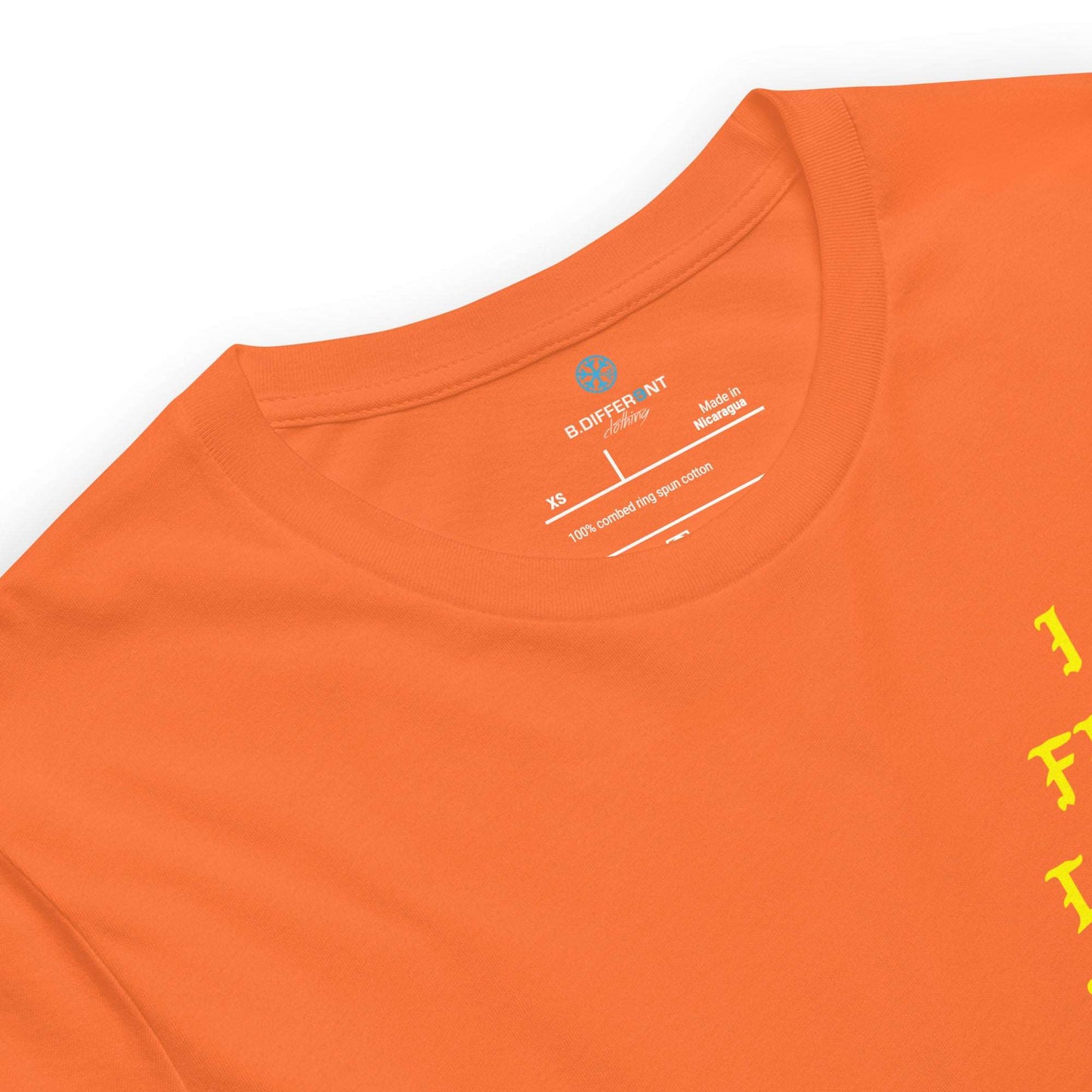 collar of I feel like a weirdo tee orange B.Different Clothing graffiti street art inspired streetwear brand