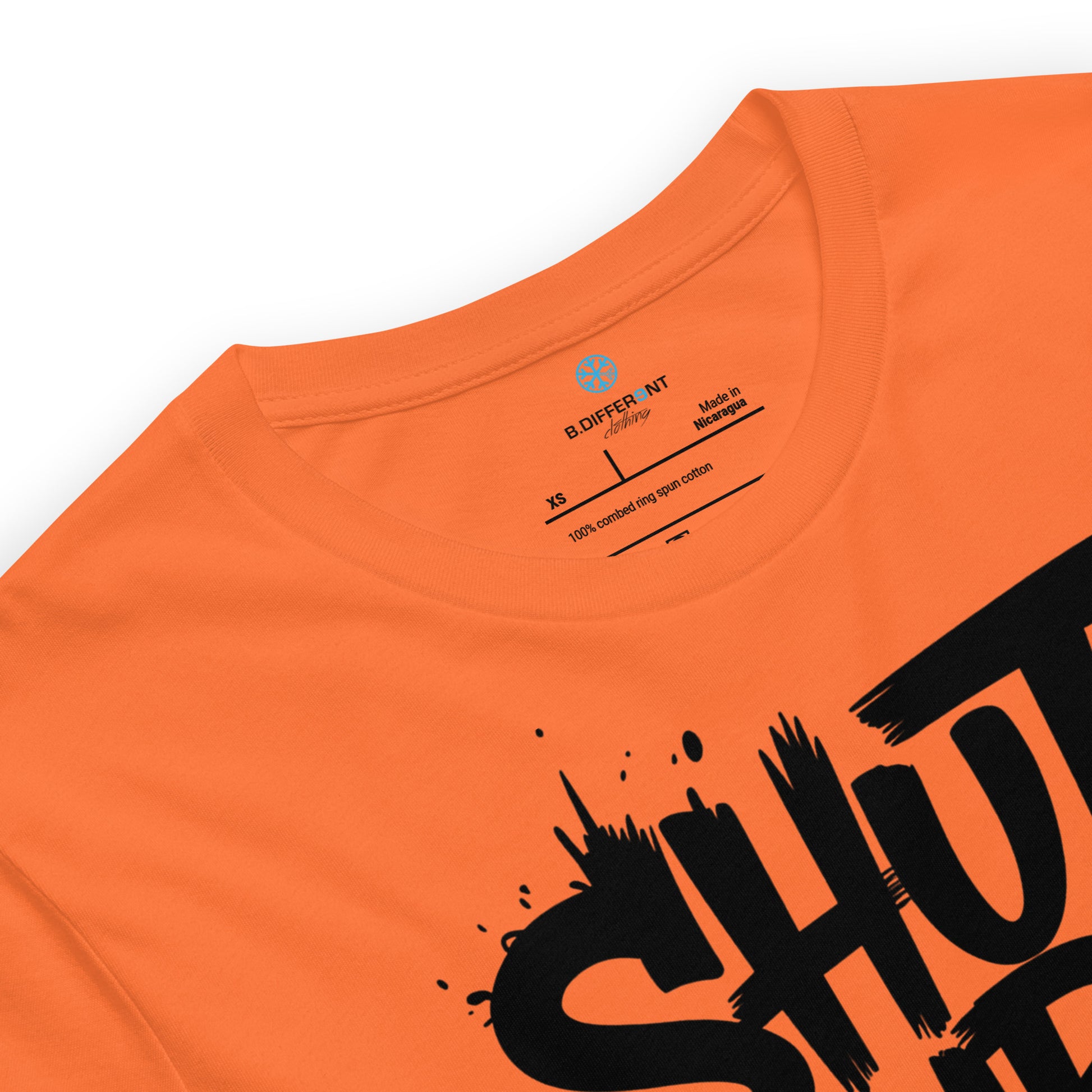 Orange-Shut Up and Paint Graffiti Tee from B.Different Clothing, collar, graffiti-inspired streetwear t-shirt