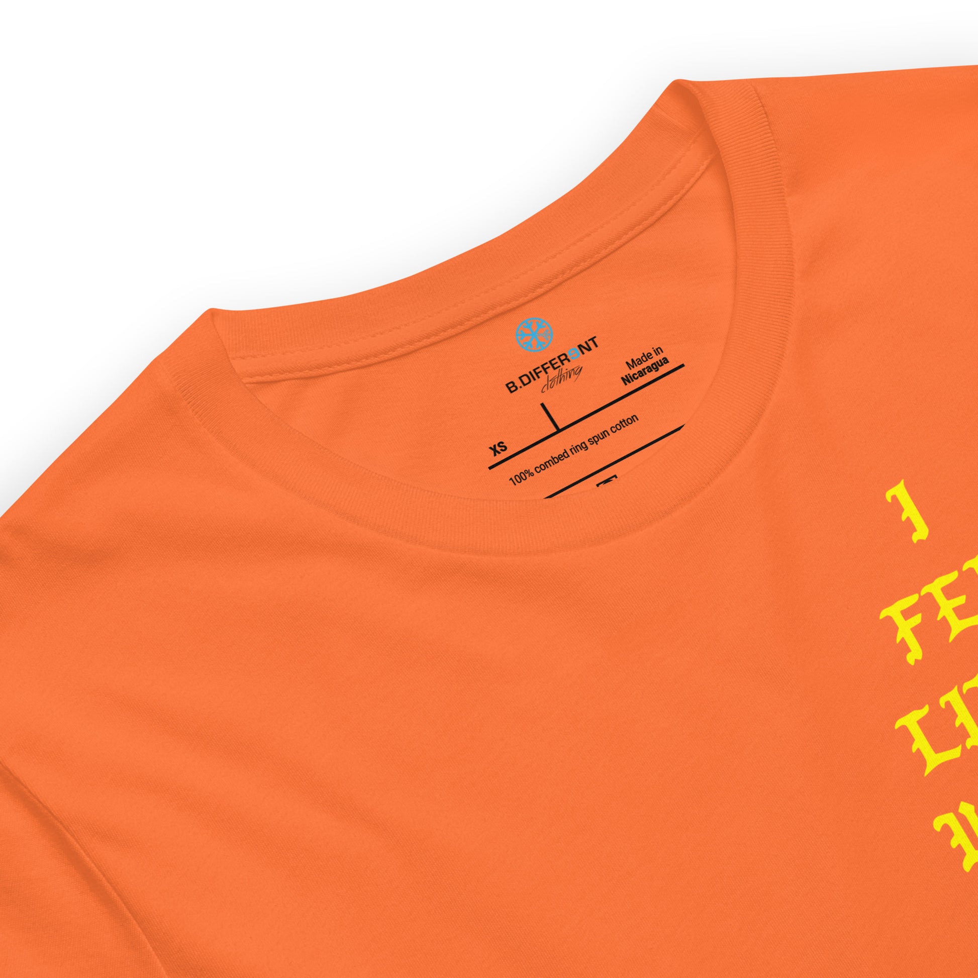 Orange-I Feel Like a Weirdo Tee from B.Different Clothing, collar, graffiti-inspired streetwear t-shirt