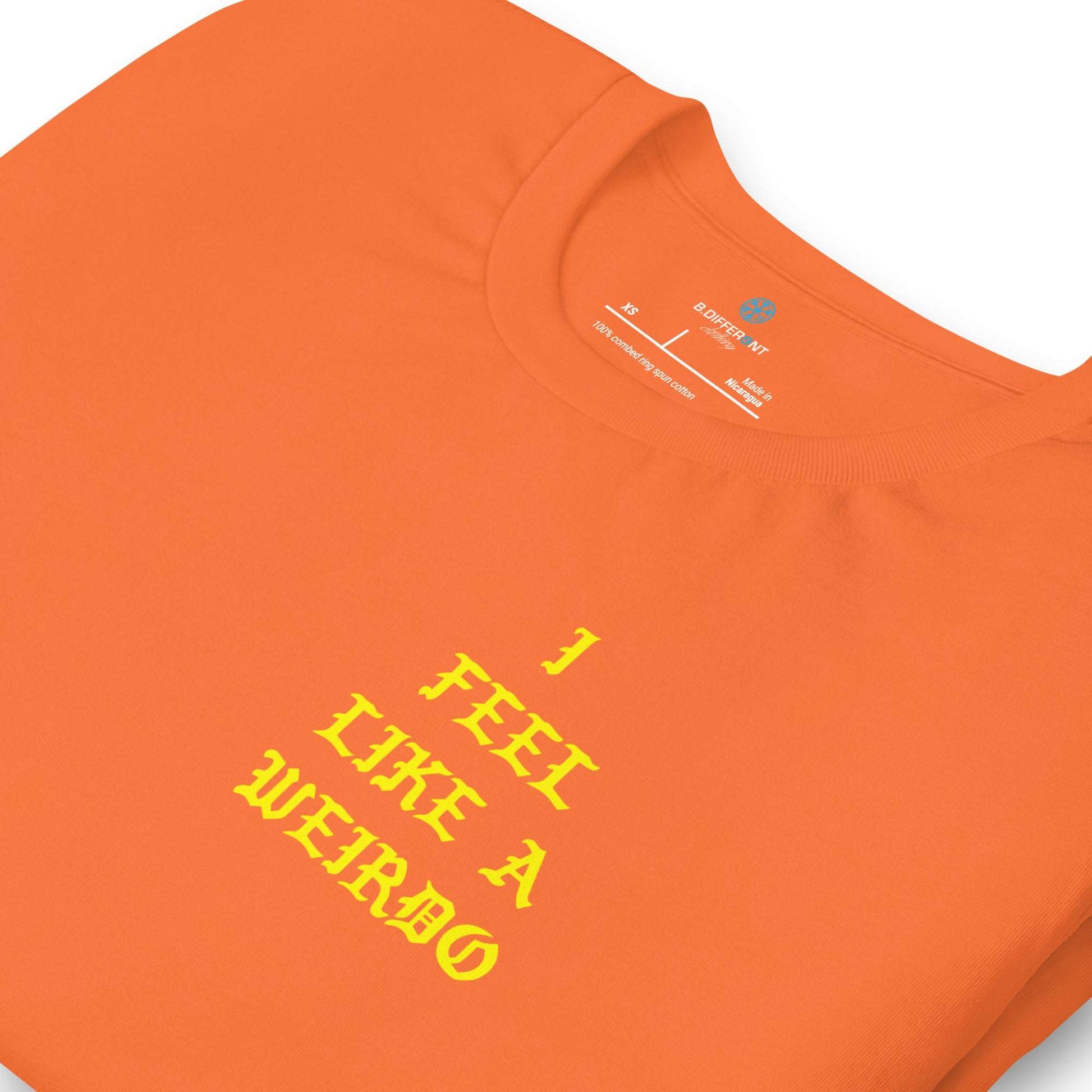 detail of I feel like a weirdo tee orange B.Different Clothing graffiti street art inspired streetwear brand