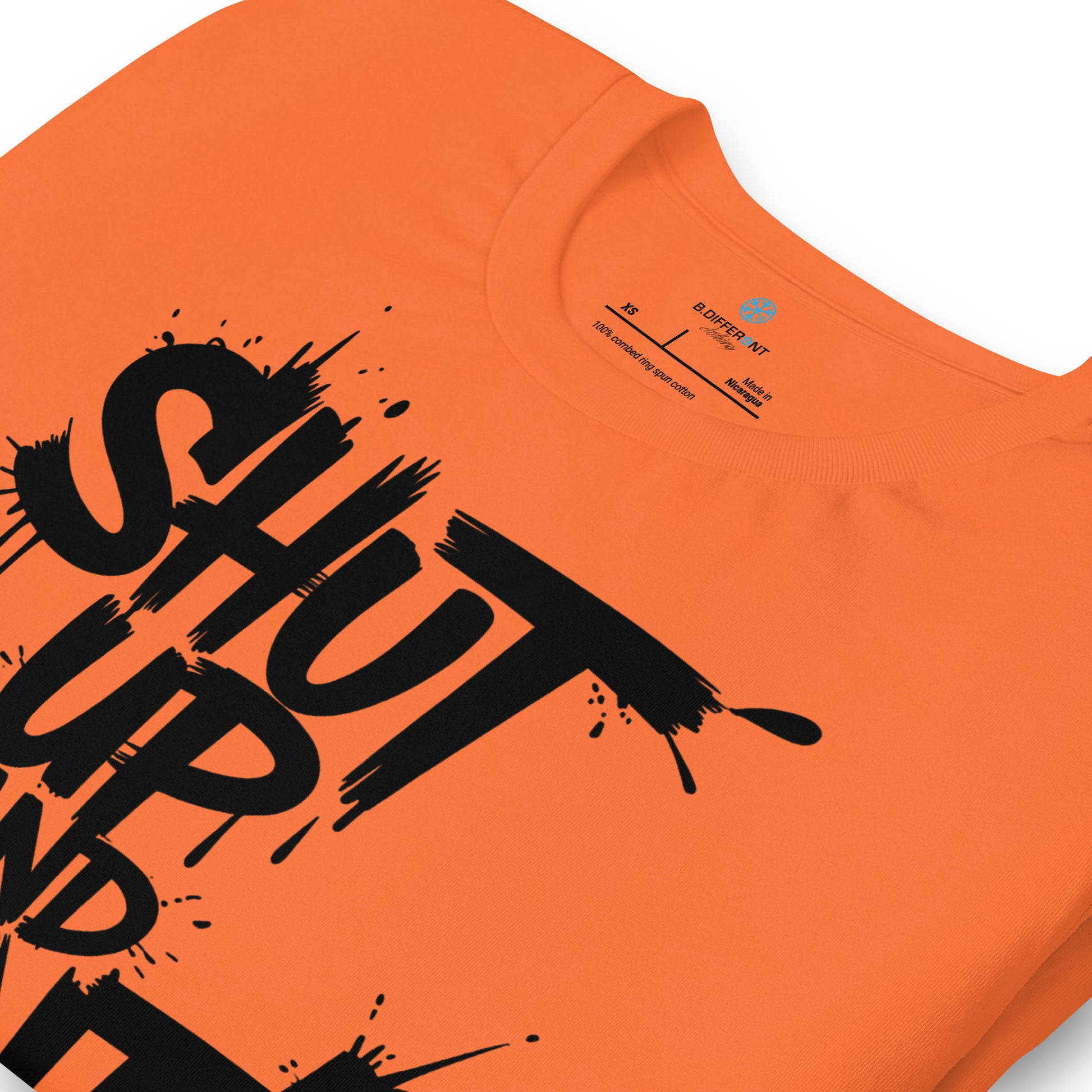 Orange-Shut Up and Paint Graffiti Tee from B.Different Clothing, detail, graffiti-inspired streetwear t-shirt