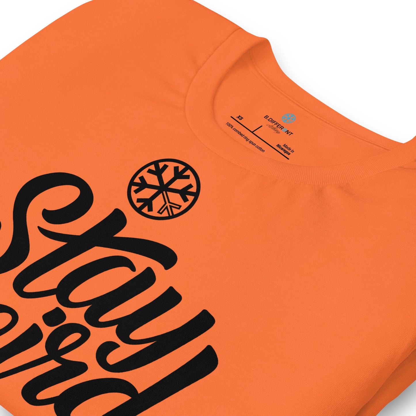 Orange-Stay Weird Tee from B.Different Clothing, detail, graffiti-inspired streetwear t-shirt