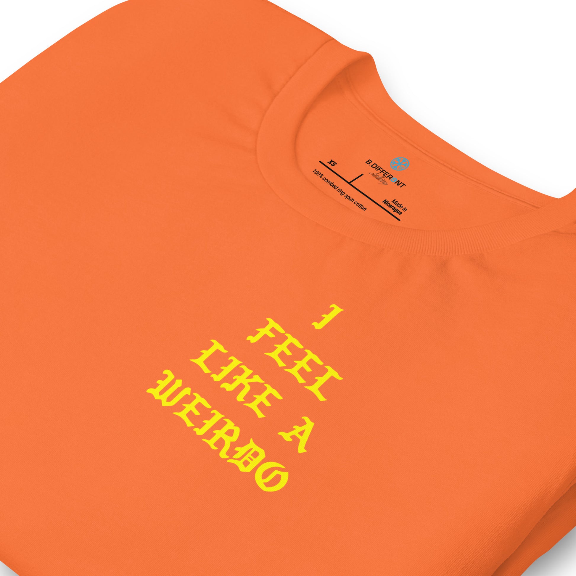 Orange-I Feel Like a Weirdo Tee from B.Different Clothing, detail, graffiti-inspired streetwear t-shirt
