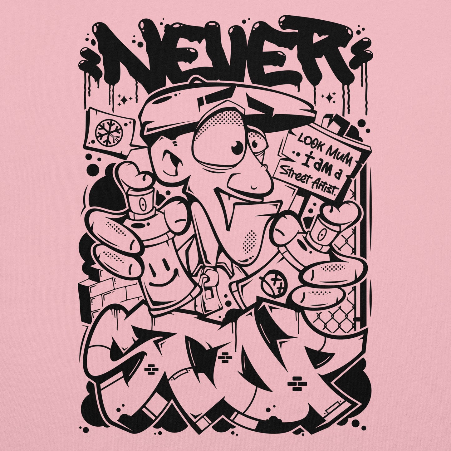 Pink-Never Stop Graffiti Character Tee from B.Different Clothing, graphic, graffiti-inspired streetwear t-shirt