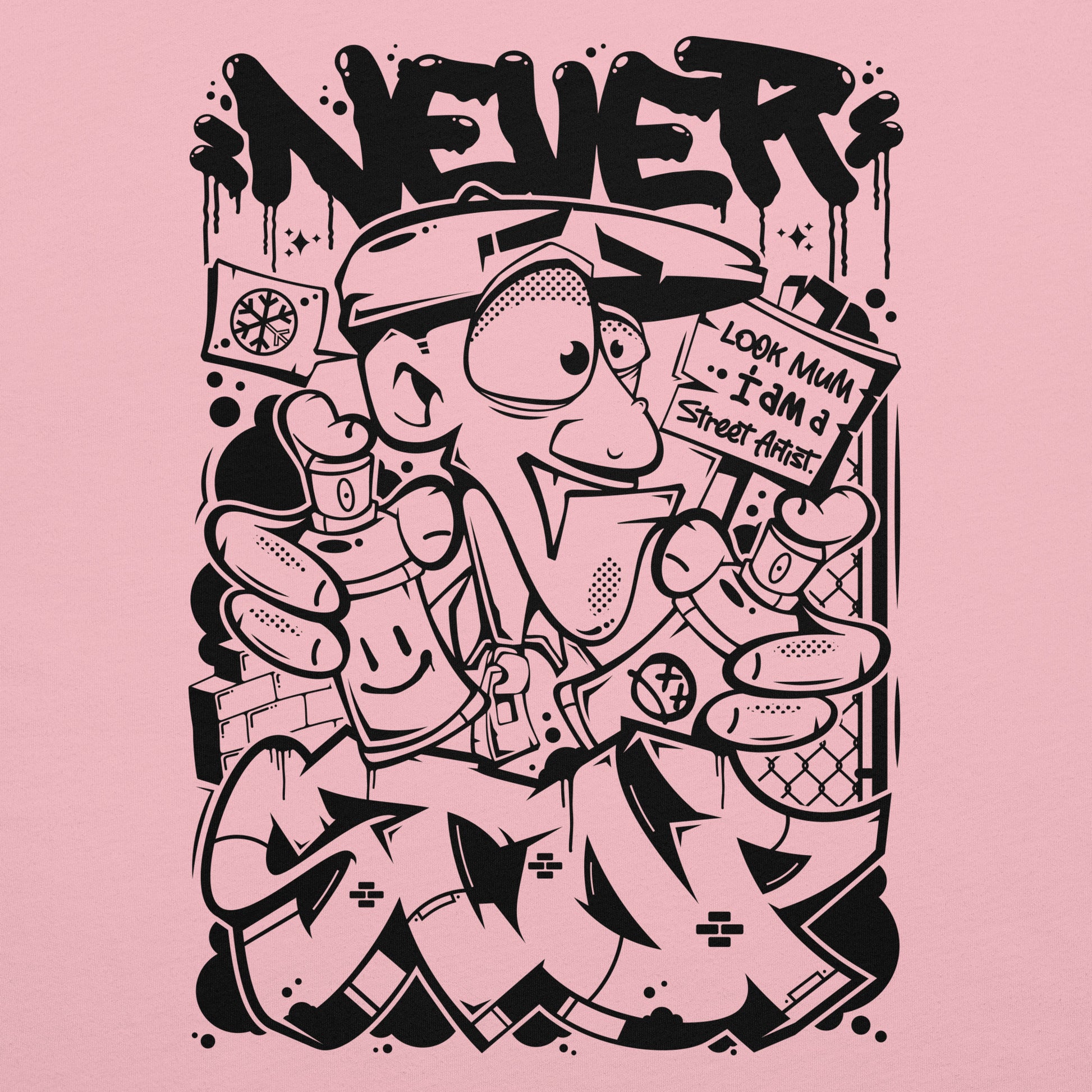 Pink-Never Stop Graffiti Character Tee from B.Different Clothing, graphic, graffiti-inspired streetwear t-shirt