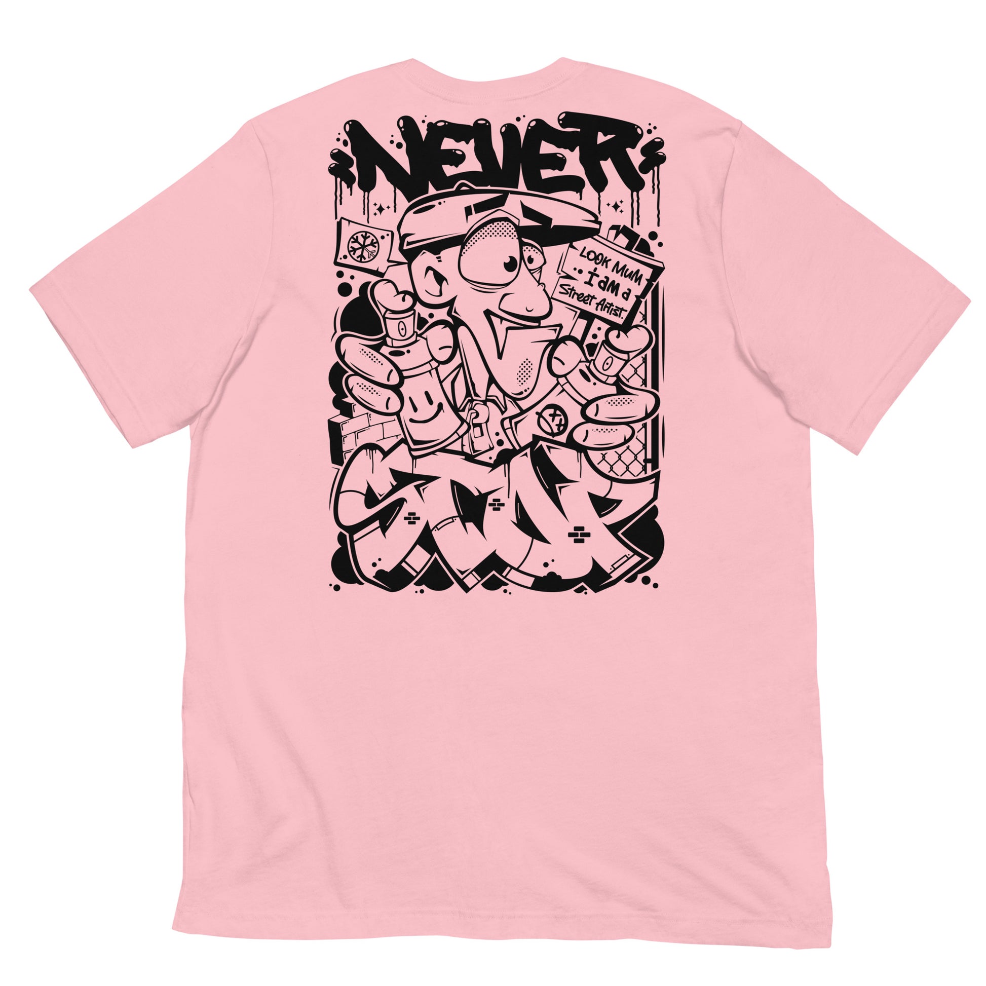 Pink-Never Stop Graffiti Character Tee from B.Different Clothing, back view, graffiti-inspired streetwear t-shirt