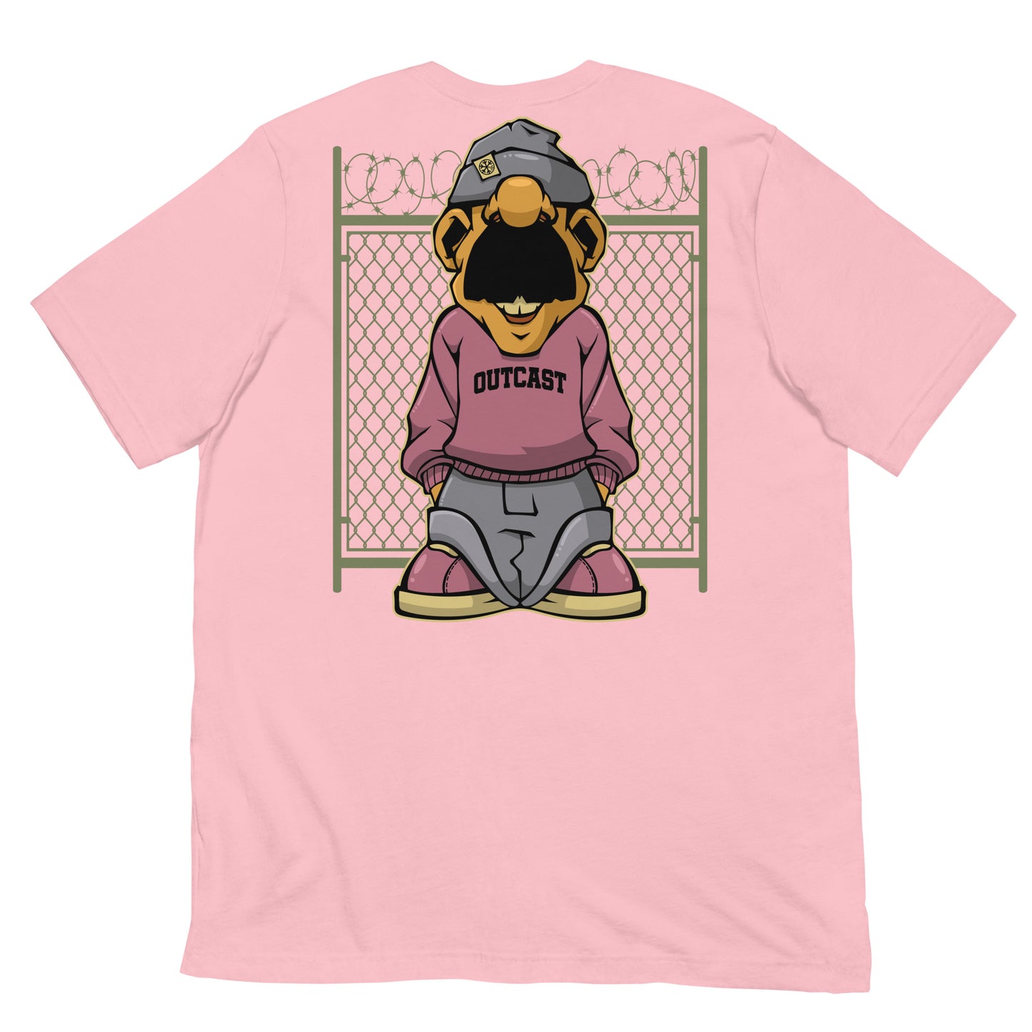 Pink-Outcast Graffiti Character Tee from B.Different Clothing, back view, graffiti-inspired streetwear t-shirt