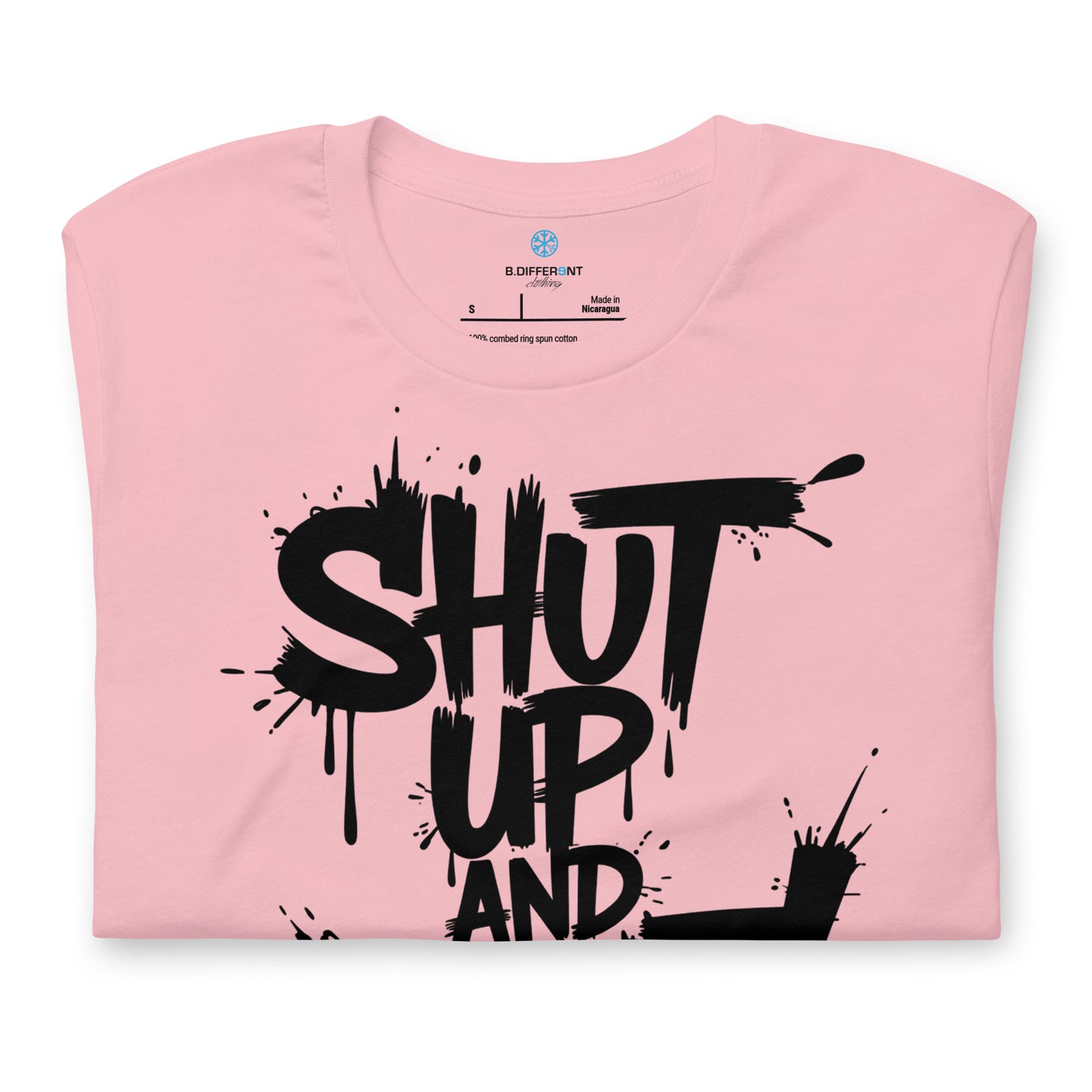 Pink-Shut Up and Paint Graffiti Tee from B.Different Clothing, folded, graffiti-inspired streetwear t-shirt