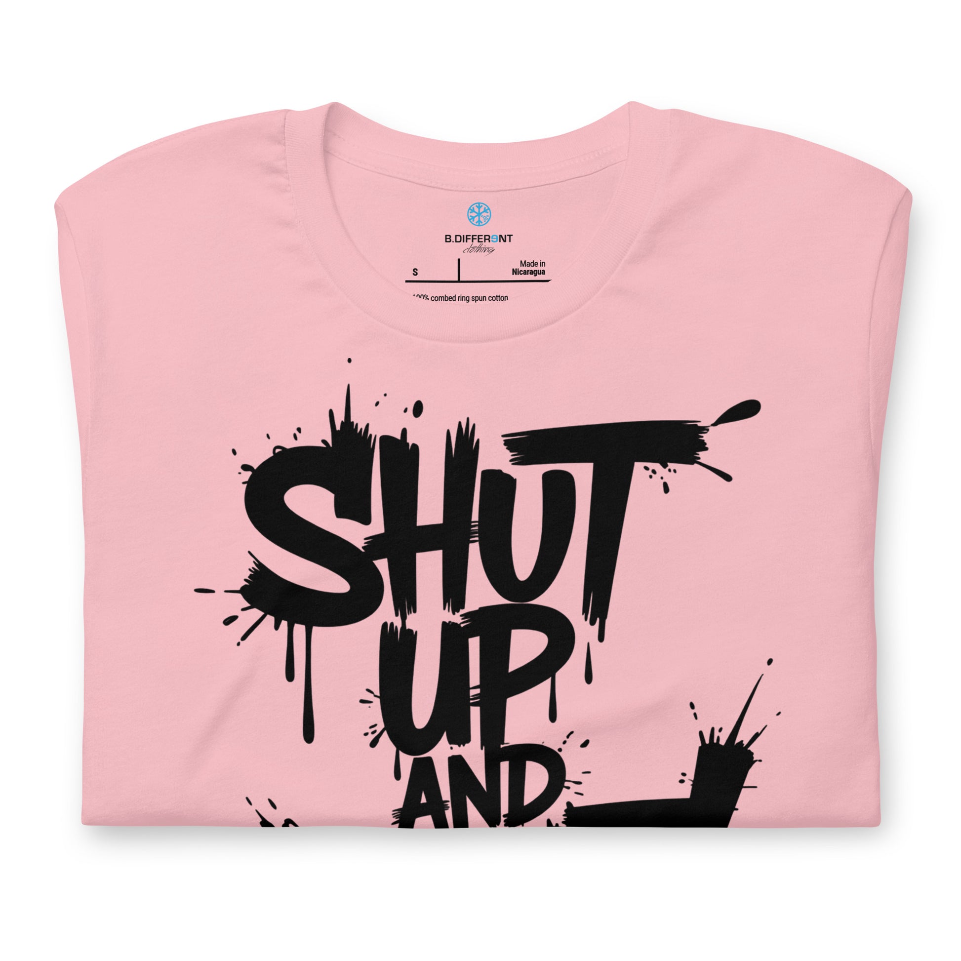 Pink-Shut Up and Paint Graffiti Tee from B.Different Clothing, folded, graffiti-inspired streetwear t-shirt