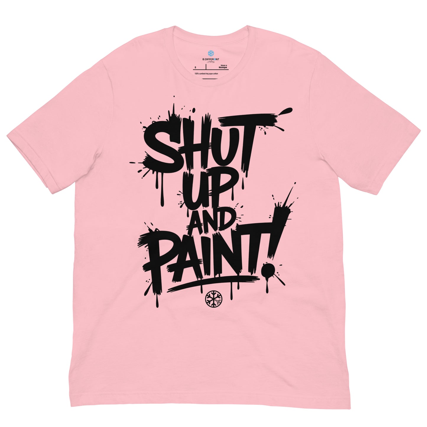 Pink-Shut Up and Paint Graffiti Tee from B.Different Clothing, front view, graffiti-inspired streetwear t-shirt