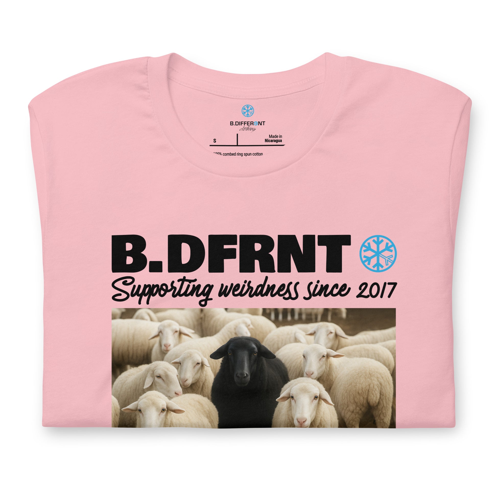 Pink-Black Sheep Tee from B.Different Clothing, folded, graffiti-inspired streetwear t-shirt