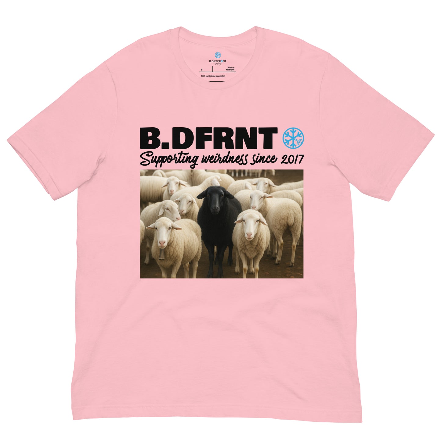 Pink-Black Sheep Tee from B.Different Clothing, front view, graffiti-inspired streetwear t-shirt