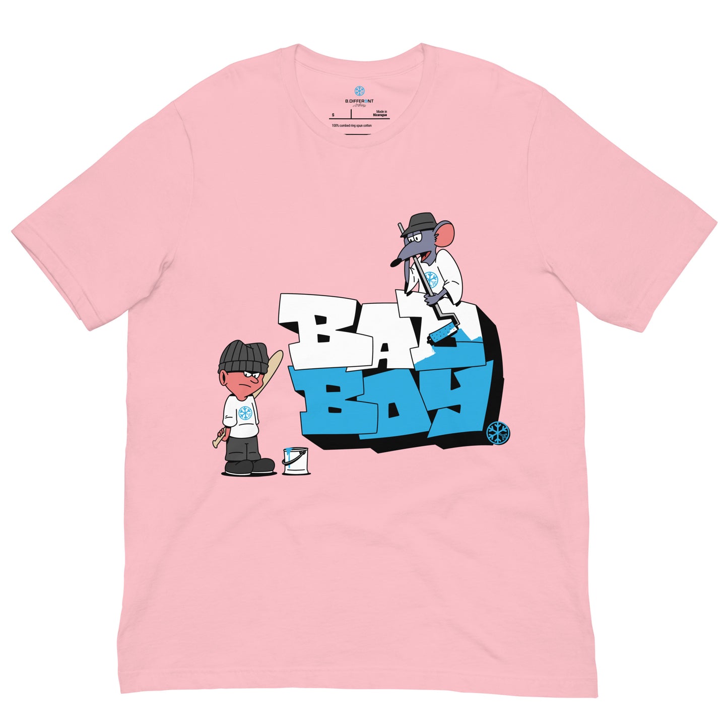 Pink-Bad Boy Graffiti Tee from B.Different Clothing, front view, graffiti-inspired streetwear t-shirt