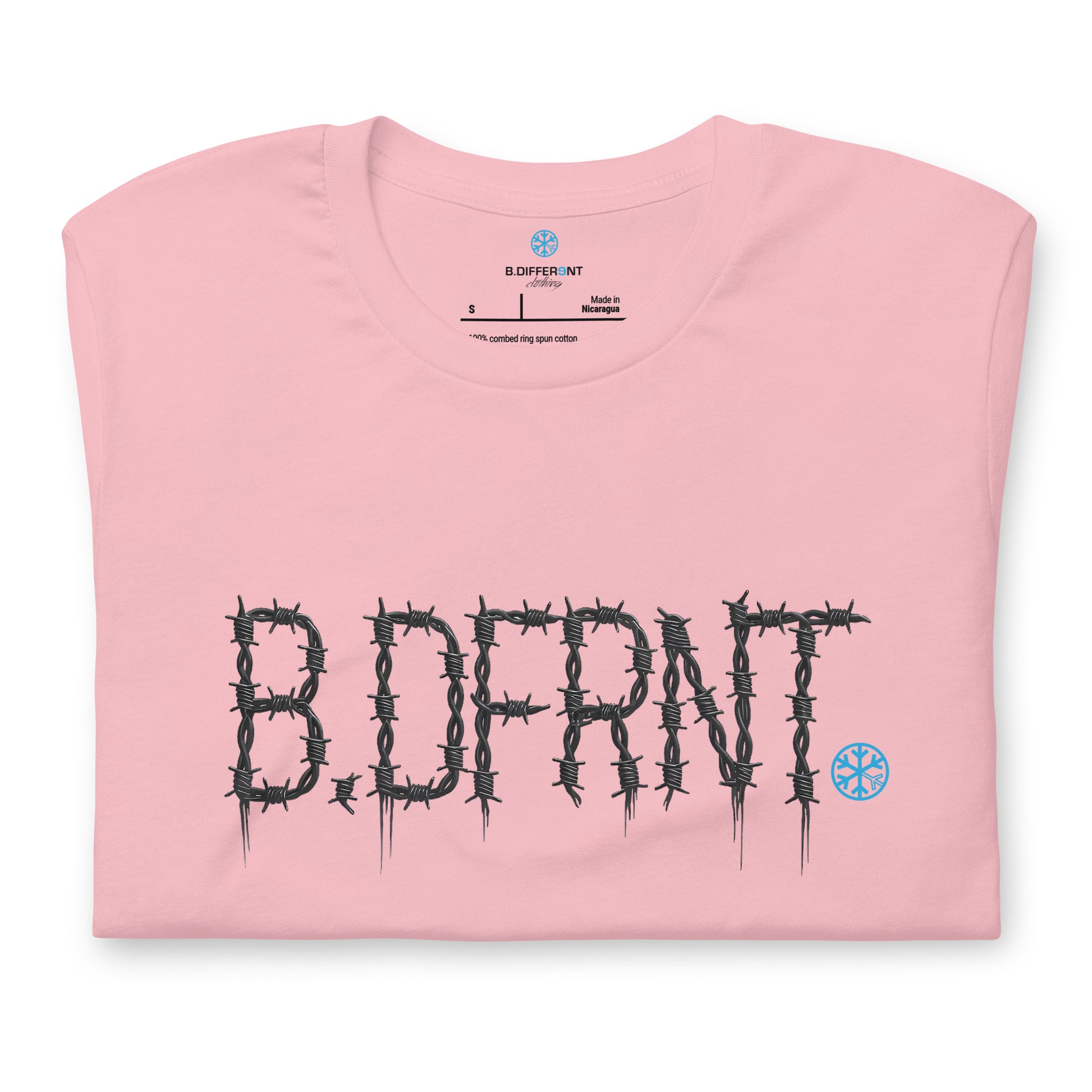 Pink-B.DFRNT Barbed Wire Tee from B.Different Clothing, folded, graffiti-inspired streetwear t-shirt