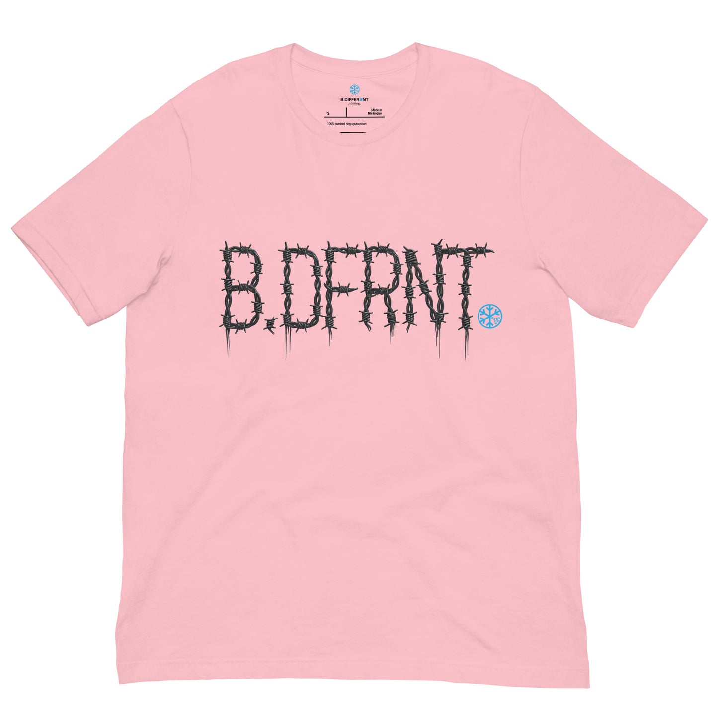 Pink-B.DFRNT Barbed Wire Tee from B.Different Clothing, front view, graffiti-inspired streetwear t-shirt