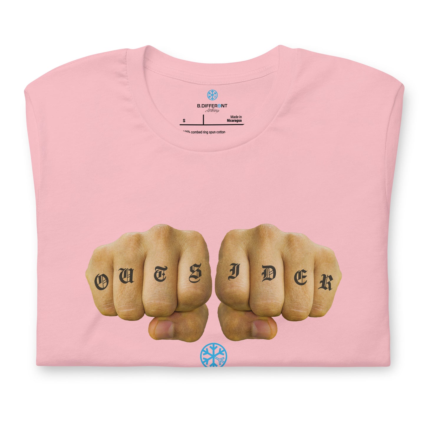 Pink-Outsider Tattoo Tee from B.Different Clothing, folded, graffiti-inspired streetwear t-shirt