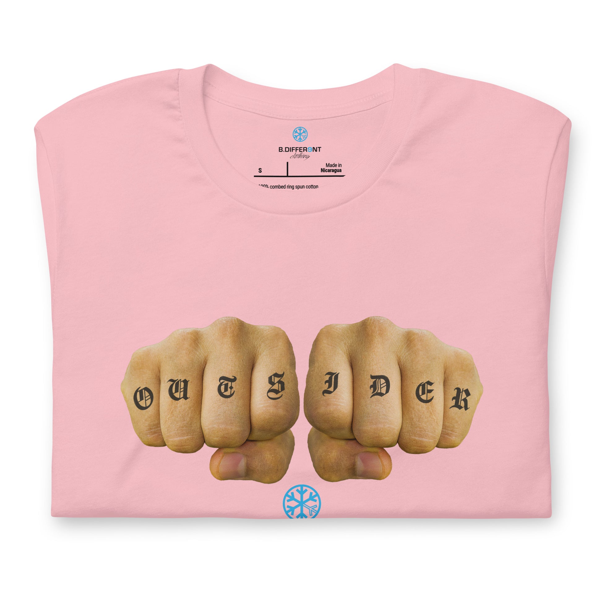 Pink-Outsider Tattoo Tee from B.Different Clothing, folded, graffiti-inspired streetwear t-shirt