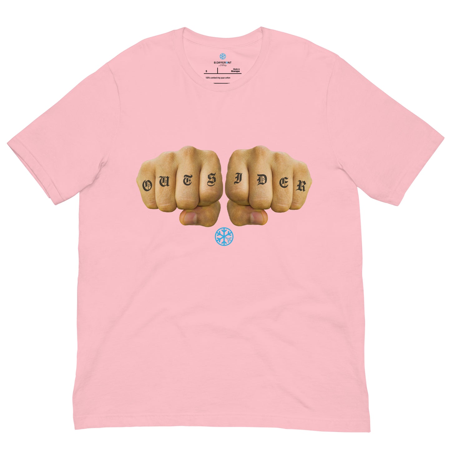 Pink-Outsider Tattoo Tee from B.Different Clothing, front view, graffiti-inspired streetwear t-shirt